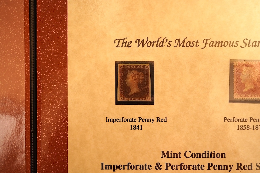 A collection of six 19th century stamps to include 1840 First Edition Two-Penny Blue, 1841 Two-Penny Blue in unused condition, 1841 used Two-Penny Blue, 1840 used Penny Black, 1841 Imperforate Penny Red and 1858-1870 Per